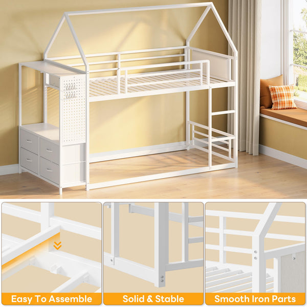 Twin Over Twin House Bunk Bed with Hall Tree & 6 Storage Drawers