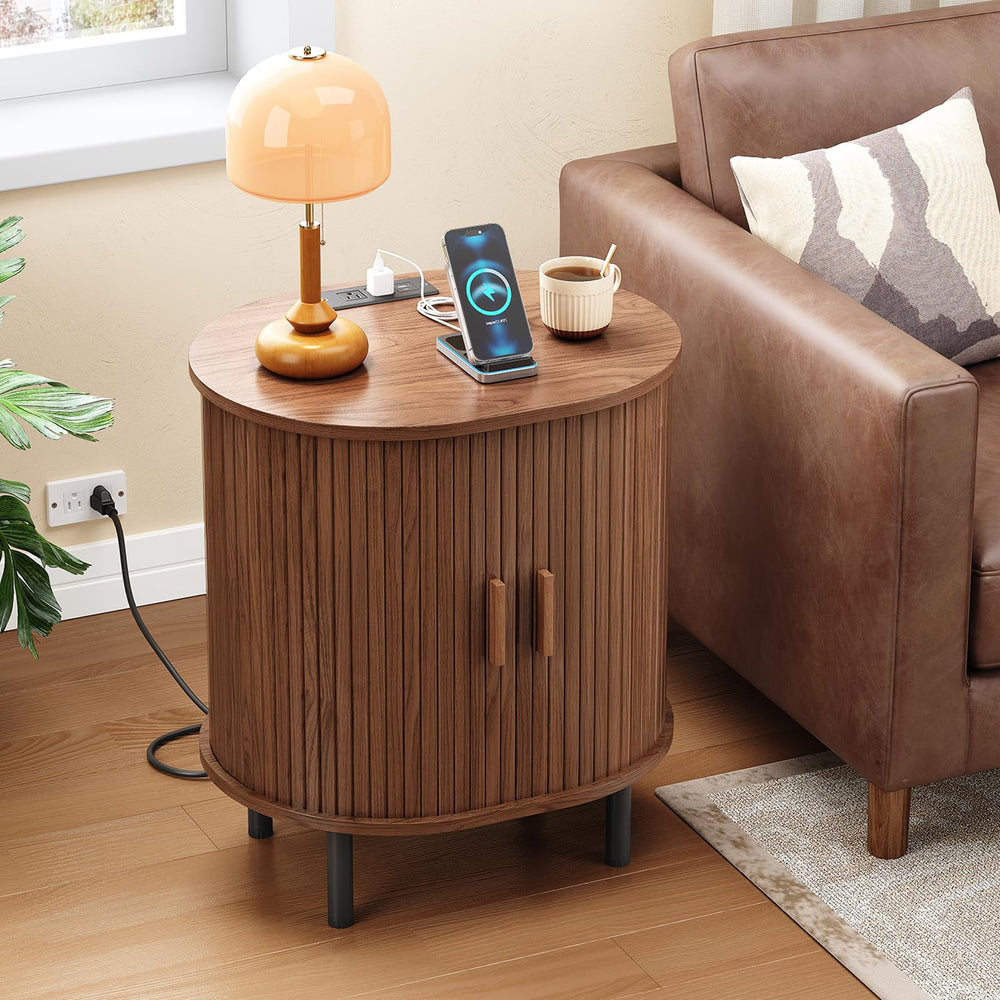 Fluted End Table with Storage & Charging Station