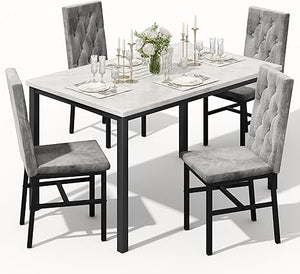 5-Piece Faux Marble Dining Table Set with Button Tufted Chairs