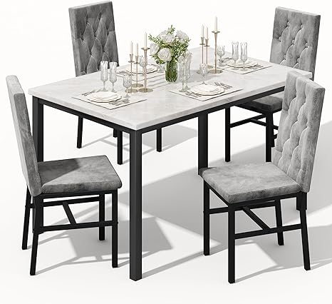 5-Piece Faux Marble Dining Table Set with Button Tufted Chairs
