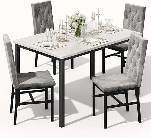 5-Piece Faux Marble Dining Table Set with Button-Tufted Chairs