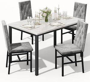 5-Piece Faux Marble Dining Table Set with Button-Tufted Chairs