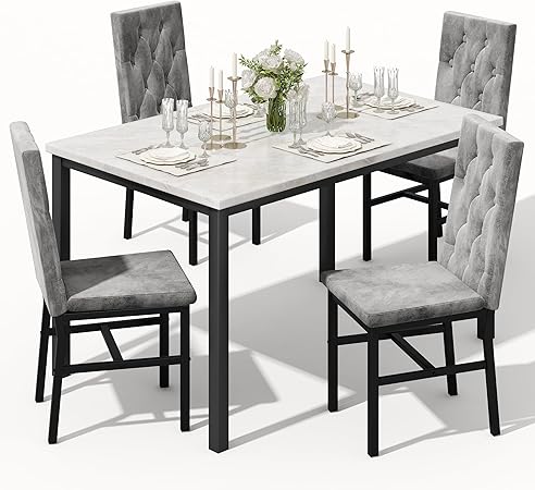 5-Piece Faux Marble Dining Table Set with Button-Tufted Chairs