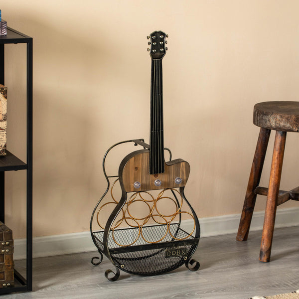 Guitar Shape 5-Bottle Wine Rack with LED Light & Cork Holder