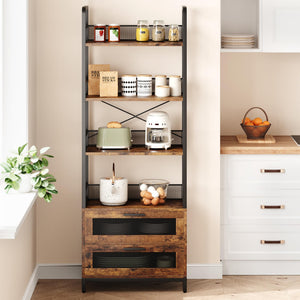 Industrial Bookshelf with Drawers & 4-Tier Open Shelves
