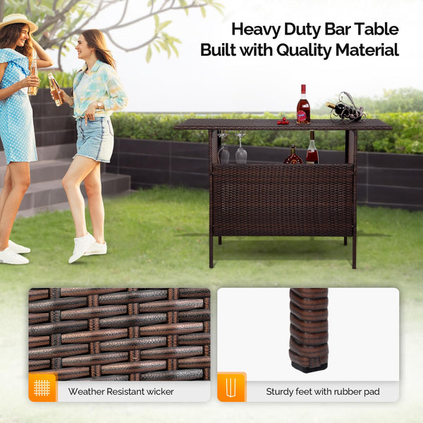 Wicker Outdoor Bar Table with Steel Shelves and Wine Glass Rack