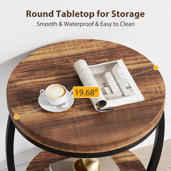 2-Tier Round Industrial End Table with Metal Frame