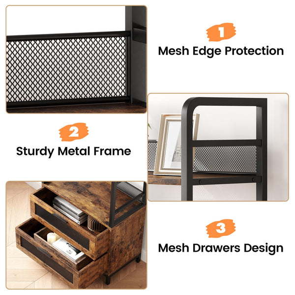 Industrial Bookshelf with Drawers & 4-Tier Open Shelves