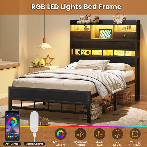 Twin Bed Frame with Headboard, LED Lights & Charging Station