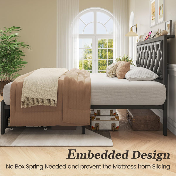 Metal Bed Frame with Storage Drawers & Charging Station