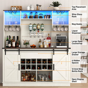 Farmhouse Coffee Bar Cabinet with LED Light & Sliding Barn Doors