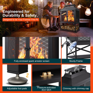 Square Chiminea Outdoor Wood Burning Fire Pit with Grill