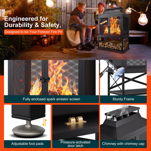 Square Chiminea Outdoor Wood Burning Fire Pit with Grill