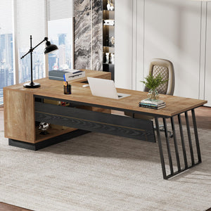 L-Shaped Executive Desk with File Cabinet and Storage Shelves