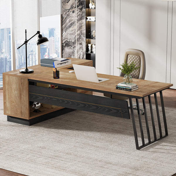 L-Shaped Executive Desk with File Cabinet and Storage Shelves