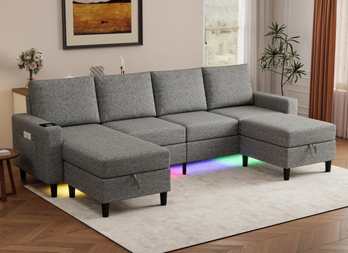 U-Shaped Sectional Sofa with RGB LED Light & USB Charging