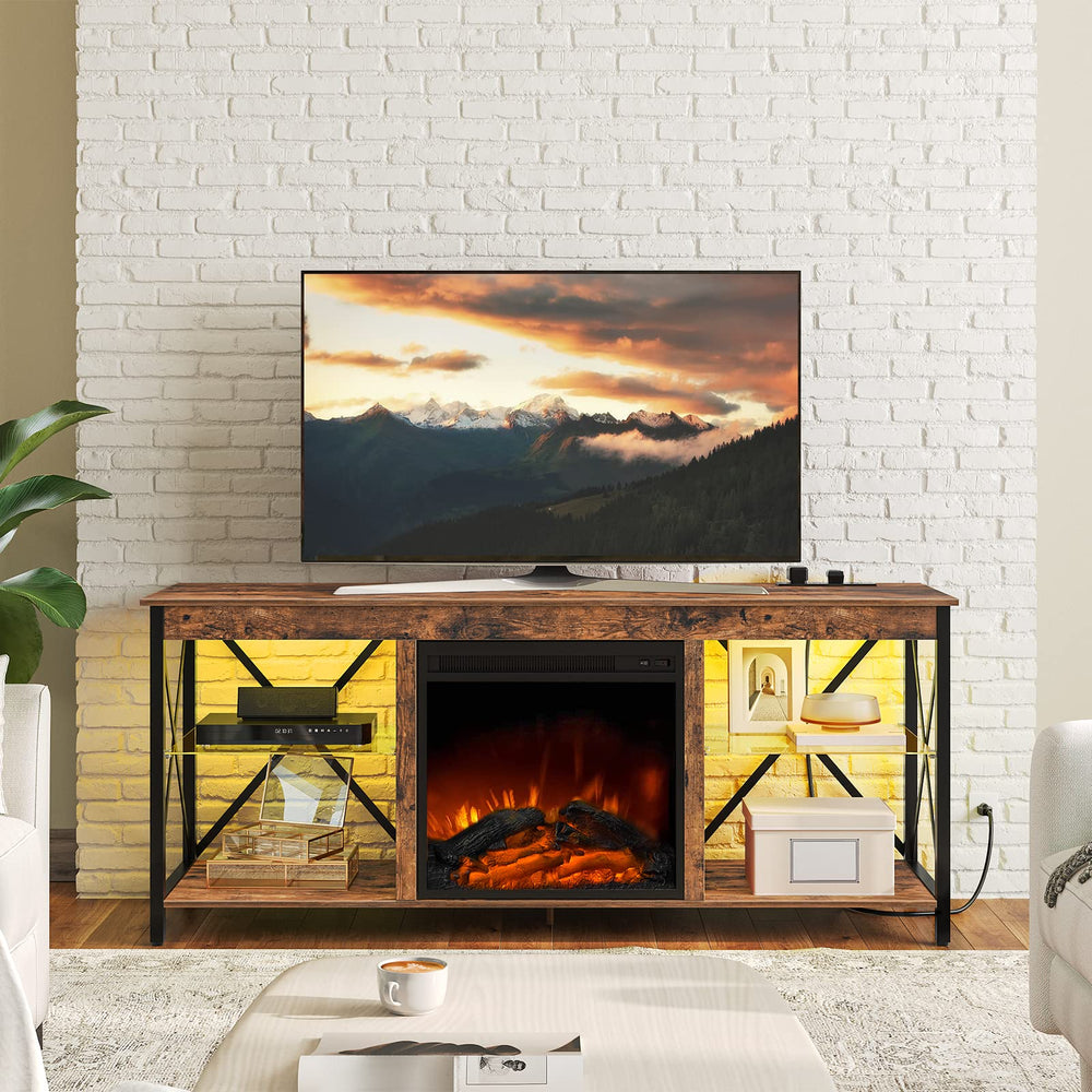Fireplace TV Stand with Charging Station and LED Lights