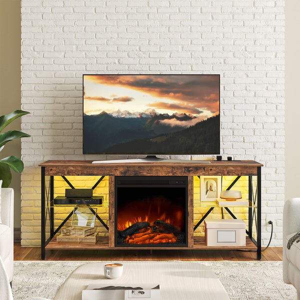 Fireplace TV Stand with Charging Station and LED Lights
