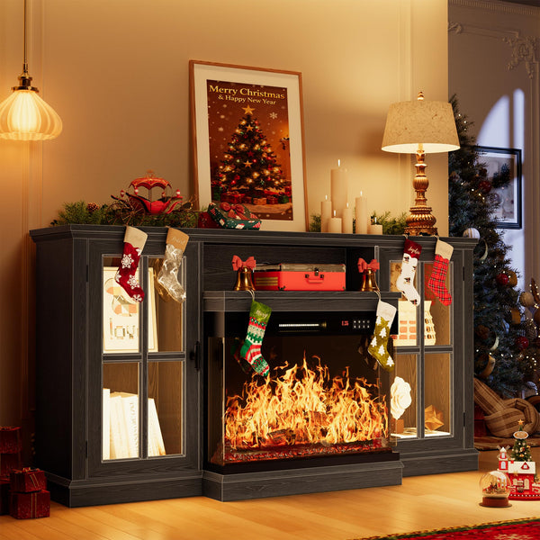 Fireplace TV Stand with 3-Sided Glass & LED Lights