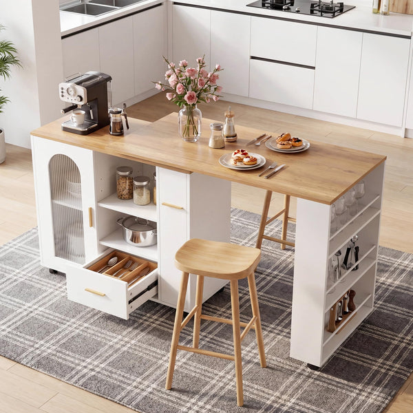 Swivel Kitchen Island with Storage, Drawers & Shelves