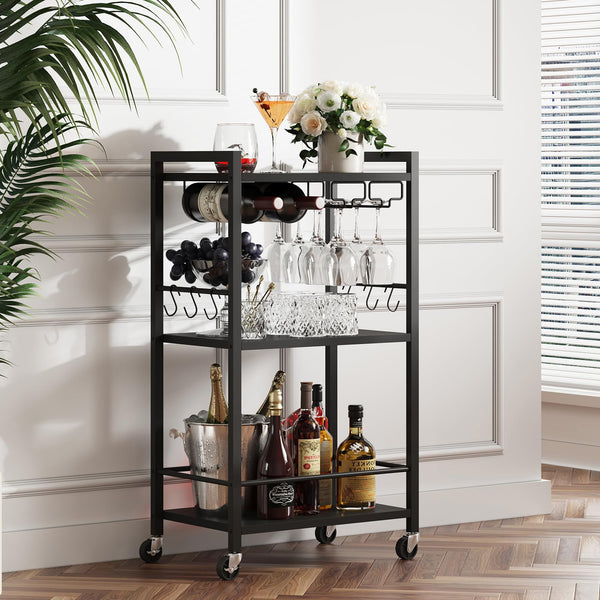 3-Tier Rolling Bar Cart with Wine Rack & Glass Holder