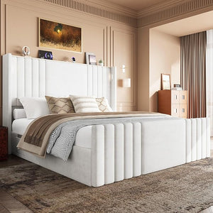 Wingback Velvet Platform Bed with Reading Lights & Charging Station