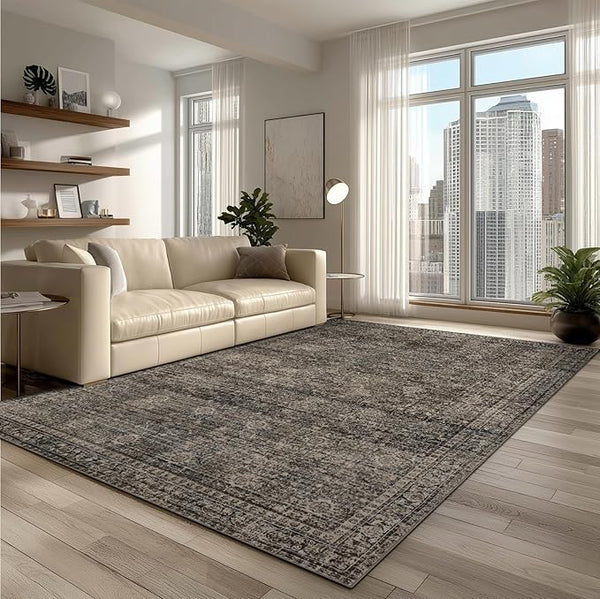 Washable Area Rug – Faux Wool Vintage Print, Non-Slip, Multi-Size