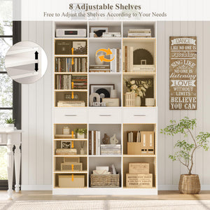 Tall Bookcase with Drawers & Adjustable Shelves – 9-Tier Wide Storage Cabinet
