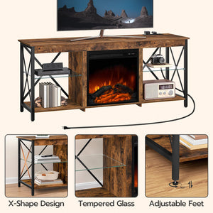 Fireplace TV Stand with Charging Station and LED Lights
