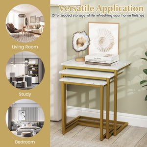 Nesting Coffee Table Set of 3, C-Shaped End Tables with Faux Marble Top
