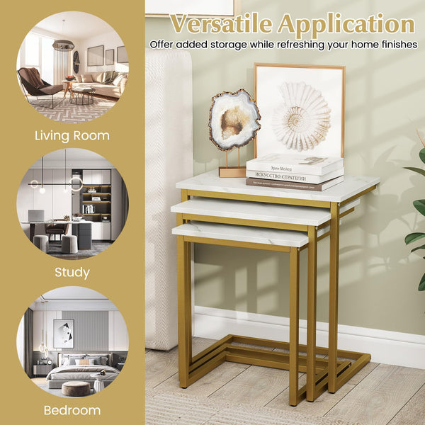 Nesting Coffee Table Set of 3, C-Shaped End Tables with Faux Marble Top