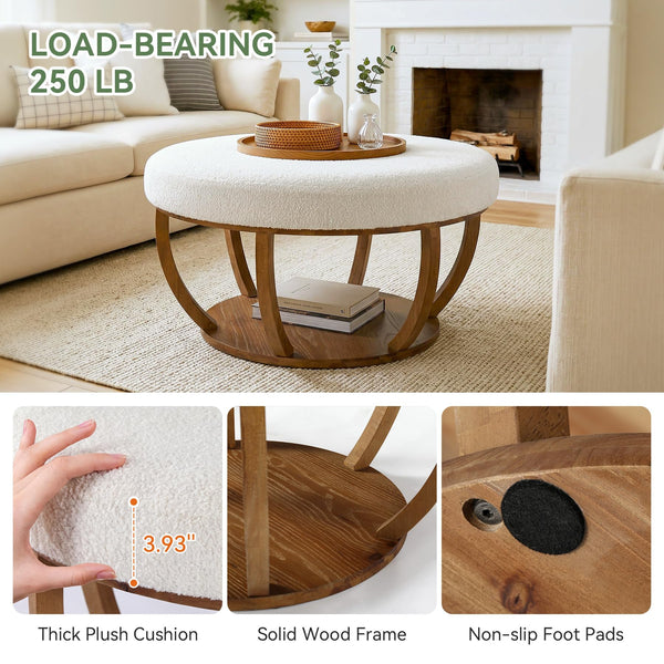 Round Storage Ottoman Coffee Table with Wood Base