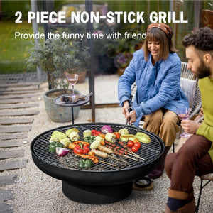 Round Wood Burning Fire Pit with Lid, Grill Grates & Deep Bowl – Outdoor Backyard Patio