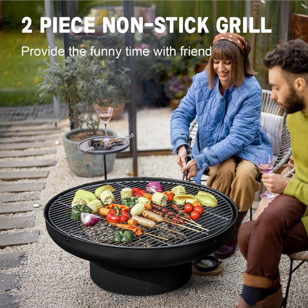 Round Wood Burning Fire Pit with Lid, Grill Grates & Deep Bowl – Outdoor Backyard Patio