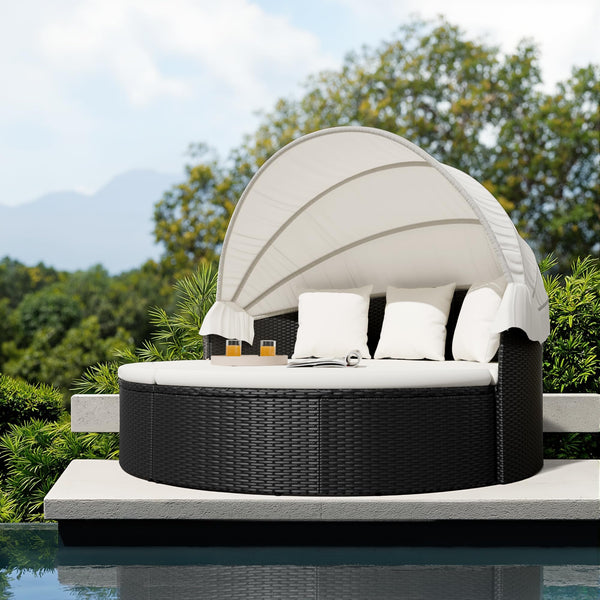 Round Patio Daybed with Retractable Canopy & Washable Cushions