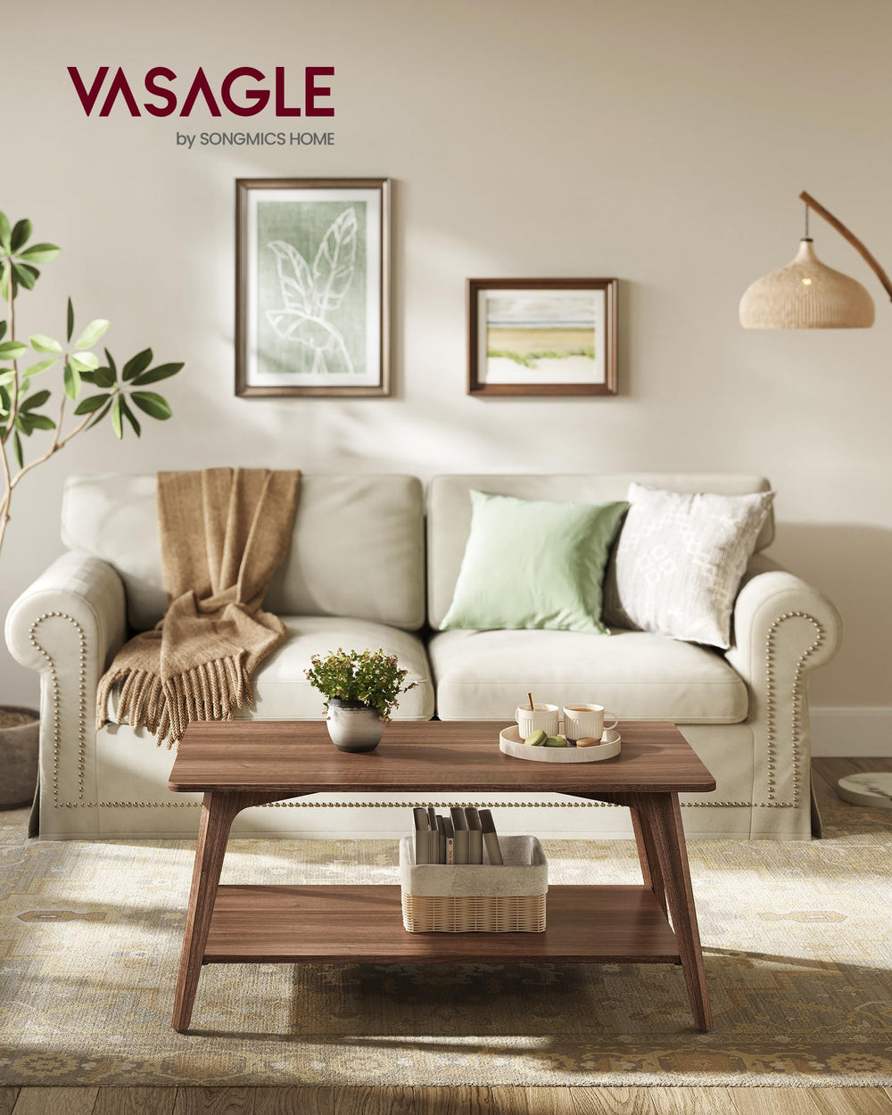 2-Tier Coffee Table with Storage & Tapered Legs