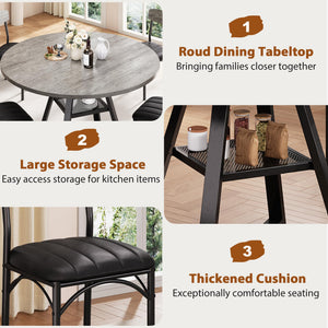 Round Dining Table Set for 4 with Storage Shelf - 47 Inch Black