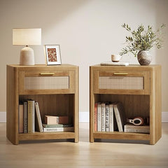 Boho Nightstands with Rattan-Look Drawer, Set of 2