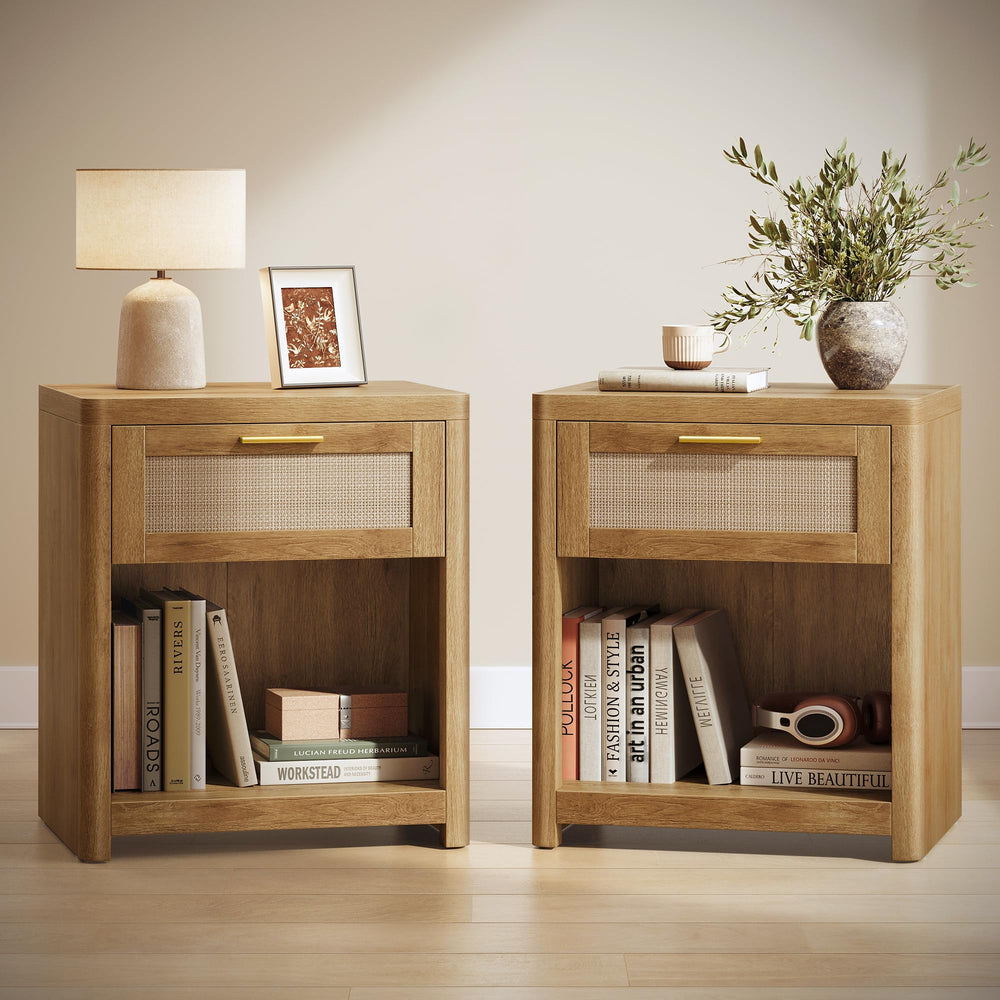 Boho Nightstands with Rattan-Look Drawer, Set of 2