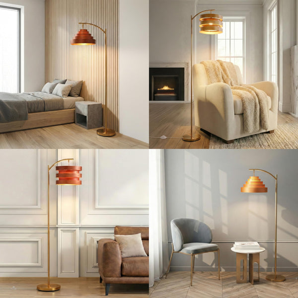 Layered Wood Shade Floor Lamp, Mid-Century Modern, E26, Foot Pedal Switch