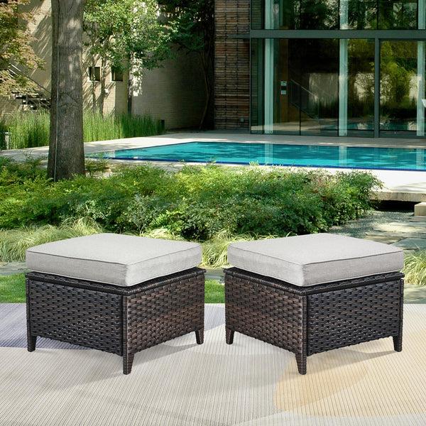 Outdoor Wicker Ottoman Set of 2 with Cushions