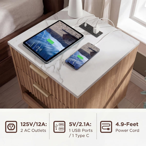 Fluted Nightstand with Charging Station & 2 Drawers