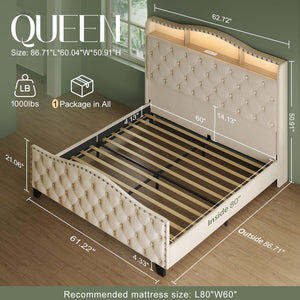 Upholstered Wingback Bed Frame with LED Lights & Storage