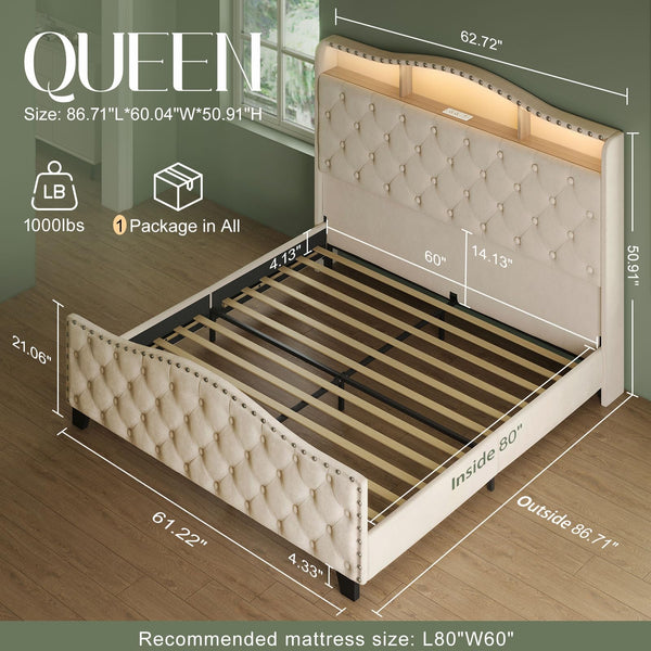 Upholstered Wingback Bed Frame with LED Lights & Storage