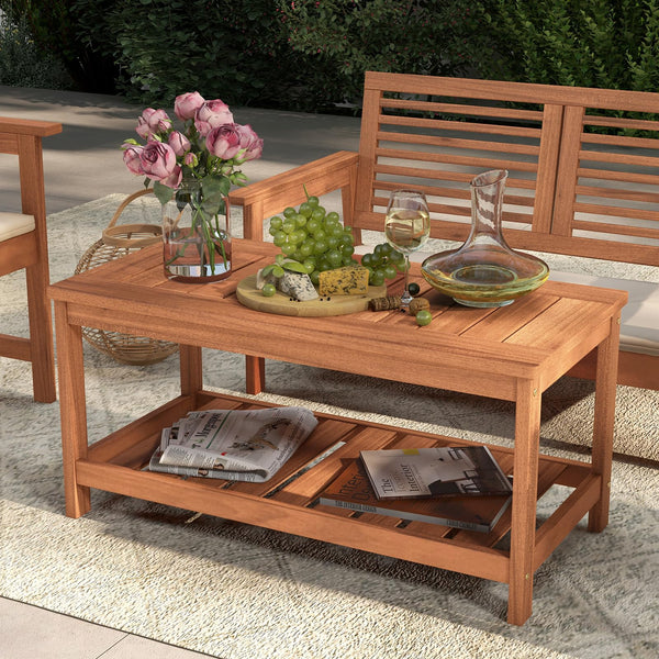 2-Tier Solid Wood Outdoor Coffee Table with Storage Shelf