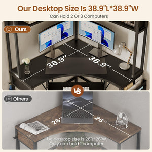 Corner Desk with LED Lights, Keyboard Tray & Storage