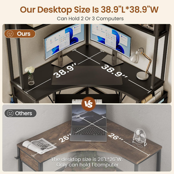 Corner Desk with LED Lights, Keyboard Tray & Storage