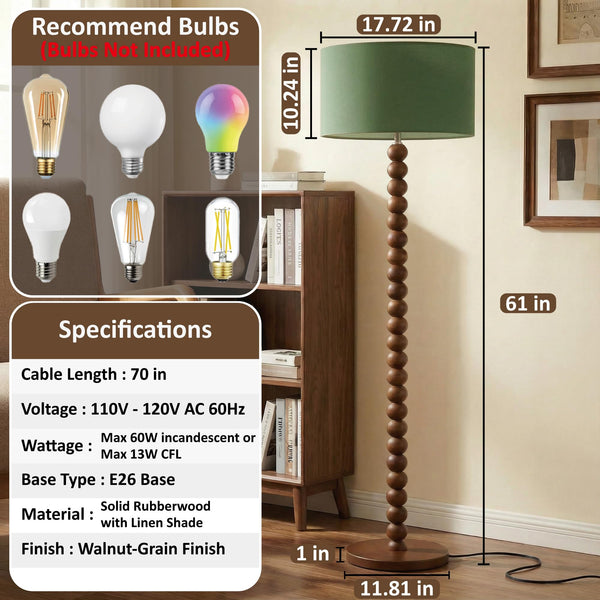 61" Beaded Wood Floor Lamp with Linen Shade
