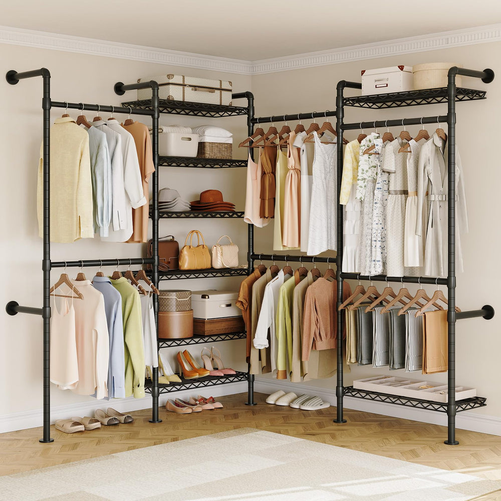Wall Mounted Industrial Pipe Clothing Rack with 6 Rods & 8 Shelves