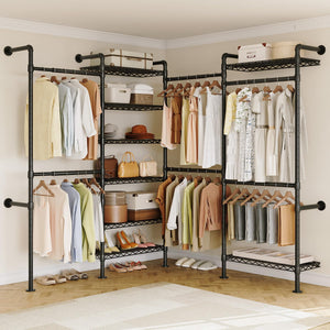 Wall Mounted Industrial Pipe Clothing Rack with 6 Rods & 8 Shelves